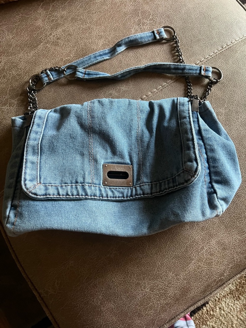 Denim Shoulder Bag with Chain Strap - Blue